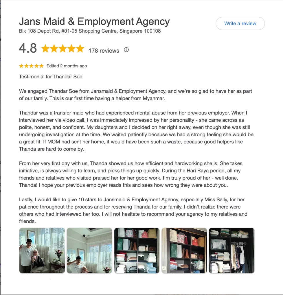 Complete five-star Google review shared by Nadzirah Mahli about her family’s experience with Jans Maid and Employment Agency